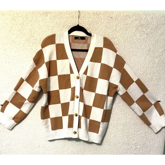 ILLUSORY Full Button Oversized Women's Cozy Cardigan Knit Jacket  Tan Large - Picture 1 of 11